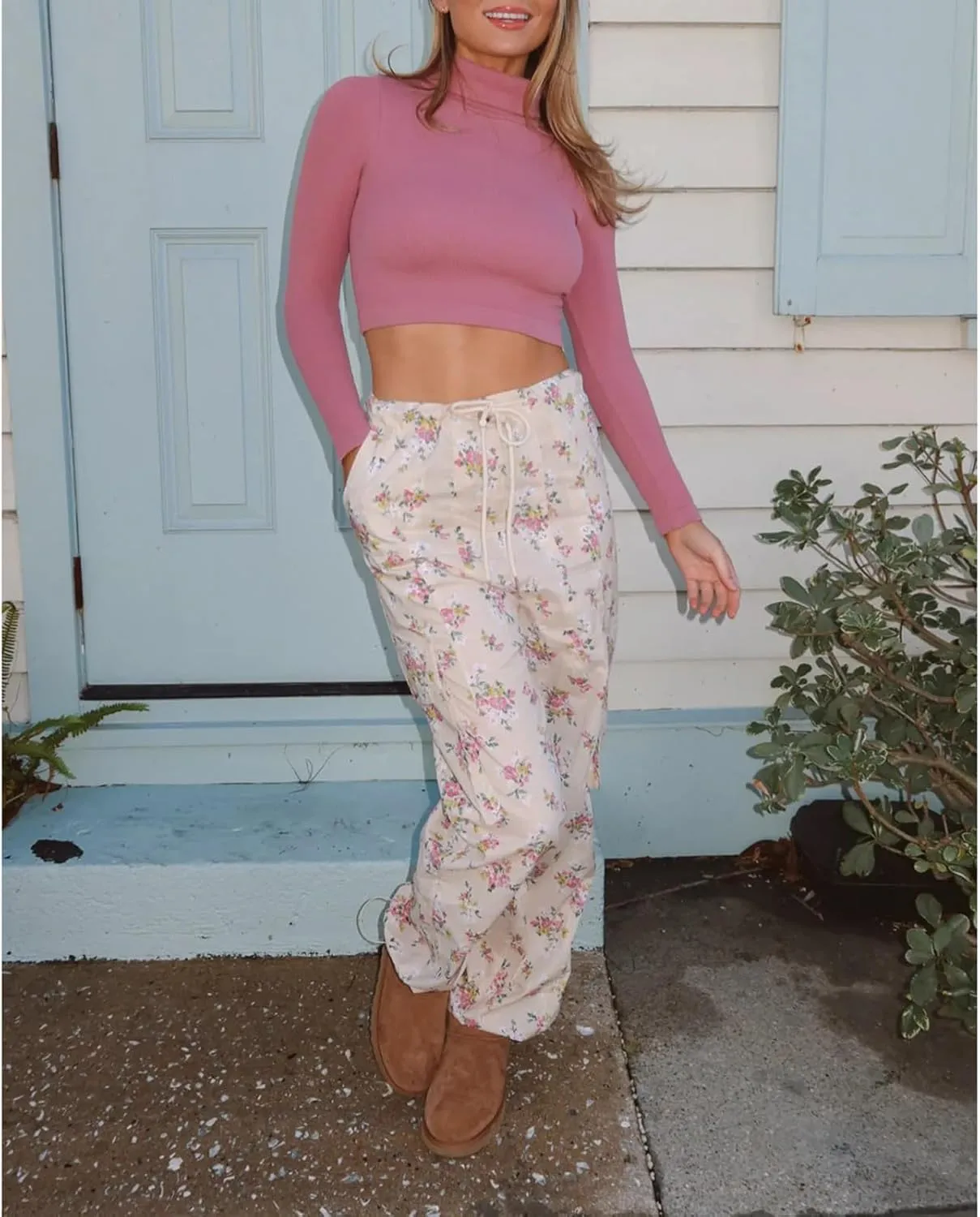 HOXIJIA Women Casual Floral Print Baggy Pants Drawstring High Waist Loose Fit Straight Wide Leg Trousers Y2K Streetwear