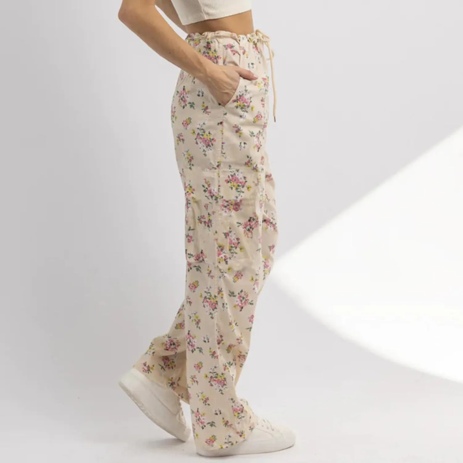 HOXIJIA Women Casual Floral Print Baggy Pants Drawstring High Waist Loose Fit Straight Wide Leg Trousers Y2K Streetwear