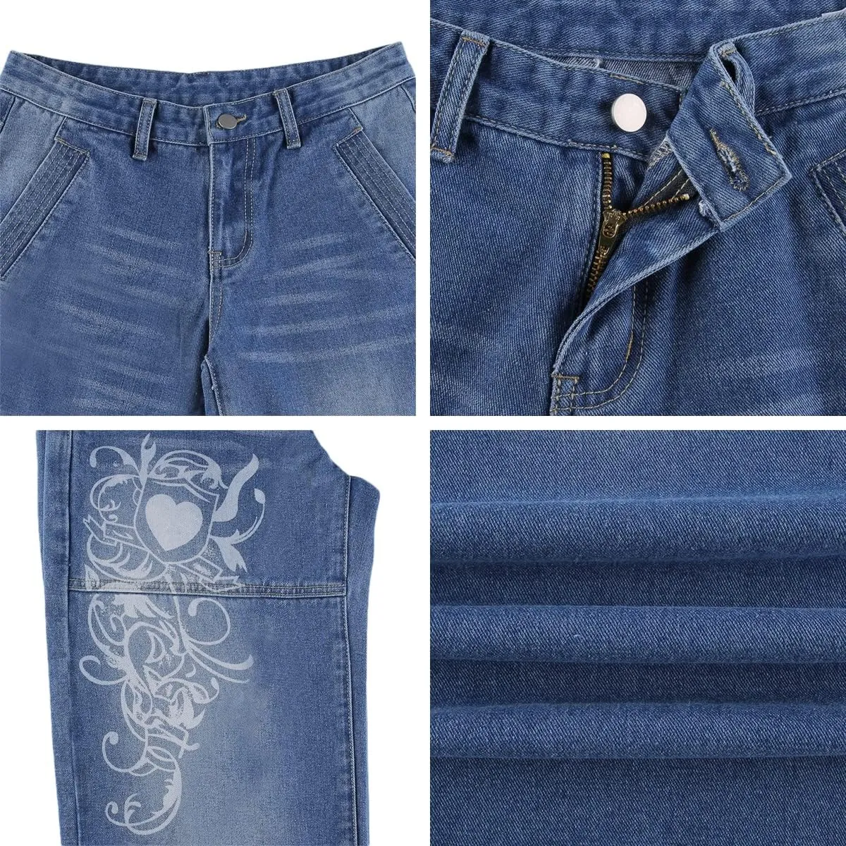 HOXIJIA Women High Waisted Wide Leg Denim Pants Y2K Patterned Baggy Flared Hem Jeans Stretch Bell Bottom Trousers