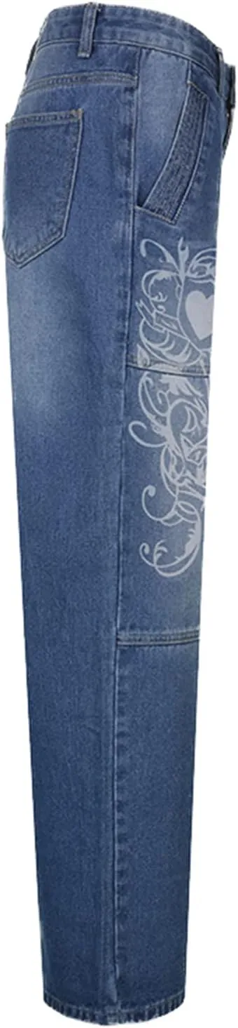 HOXIJIA Women High Waisted Wide Leg Denim Pants Y2K Patterned Baggy Flared Hem Jeans Stretch Bell Bottom Trousers