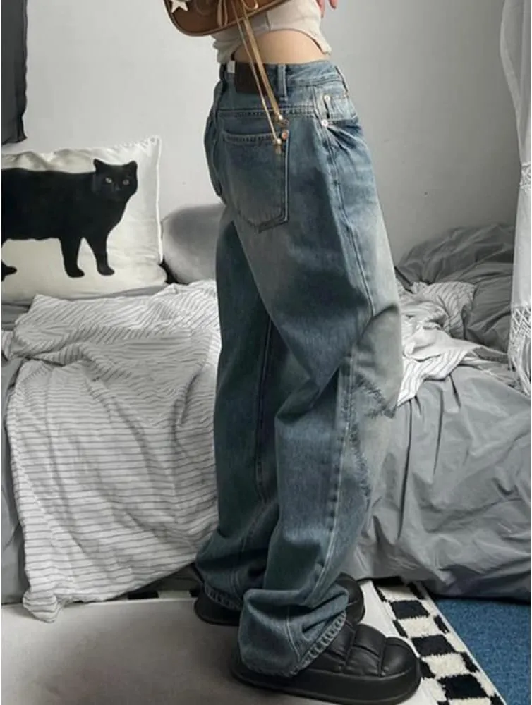 HOXIJIA Women High Waisted Wide Leg Denim Pants Y2K Patterned Baggy Flared Hem Jeans Stretch Bell Bottom Trousers