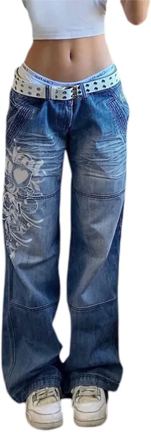 HOXIJIA Women High Waisted Wide Leg Denim Pants Y2K Patterned Baggy Flared Hem Jeans Stretch Bell Bottom Trousers