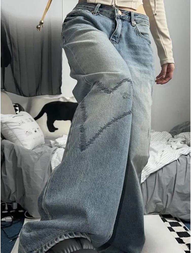 HOXIJIA Women High Waisted Wide Leg Denim Pants Y2K Patterned Baggy Flared Hem Jeans Stretch Bell Bottom Trousers