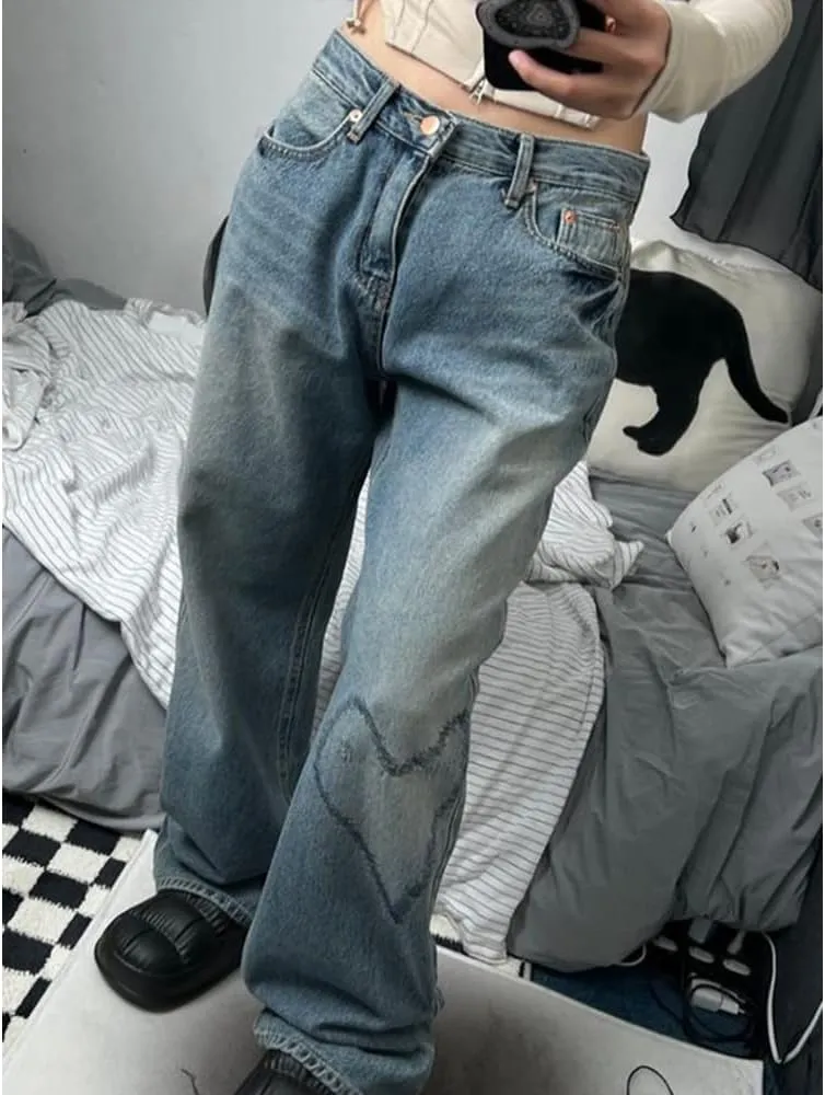 HOXIJIA Women High Waisted Wide Leg Denim Pants Y2K Patterned Baggy Flared Hem Jeans Stretch Bell Bottom Trousers