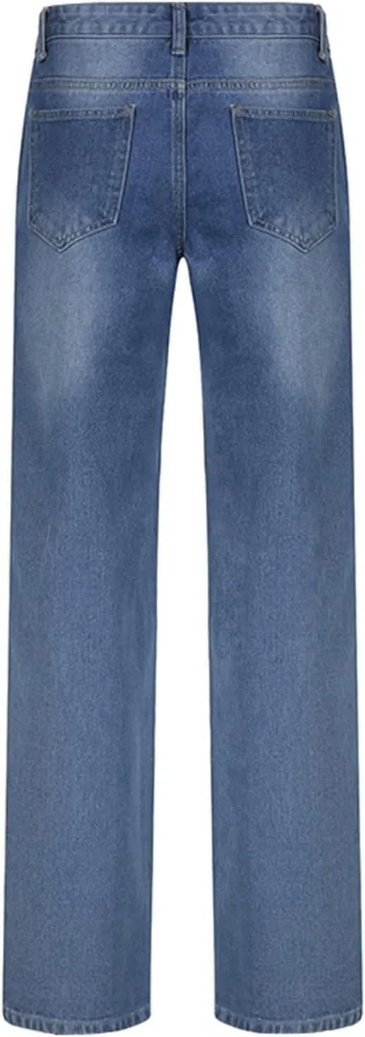 HOXIJIA Women High Waisted Wide Leg Denim Pants Y2K Patterned Baggy Flared Hem Jeans Stretch Bell Bottom Trousers