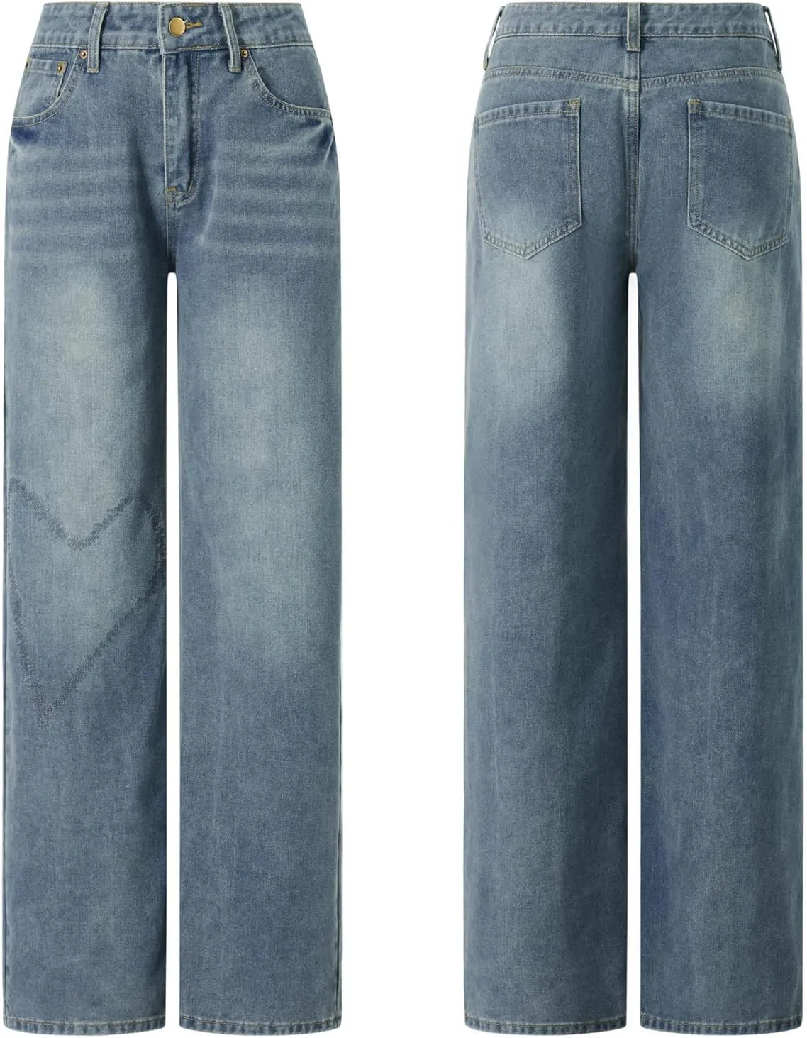 HOXIJIA Women High Waisted Wide Leg Denim Pants Y2K Patterned Baggy Flared Hem Jeans Stretch Bell Bottom Trousers