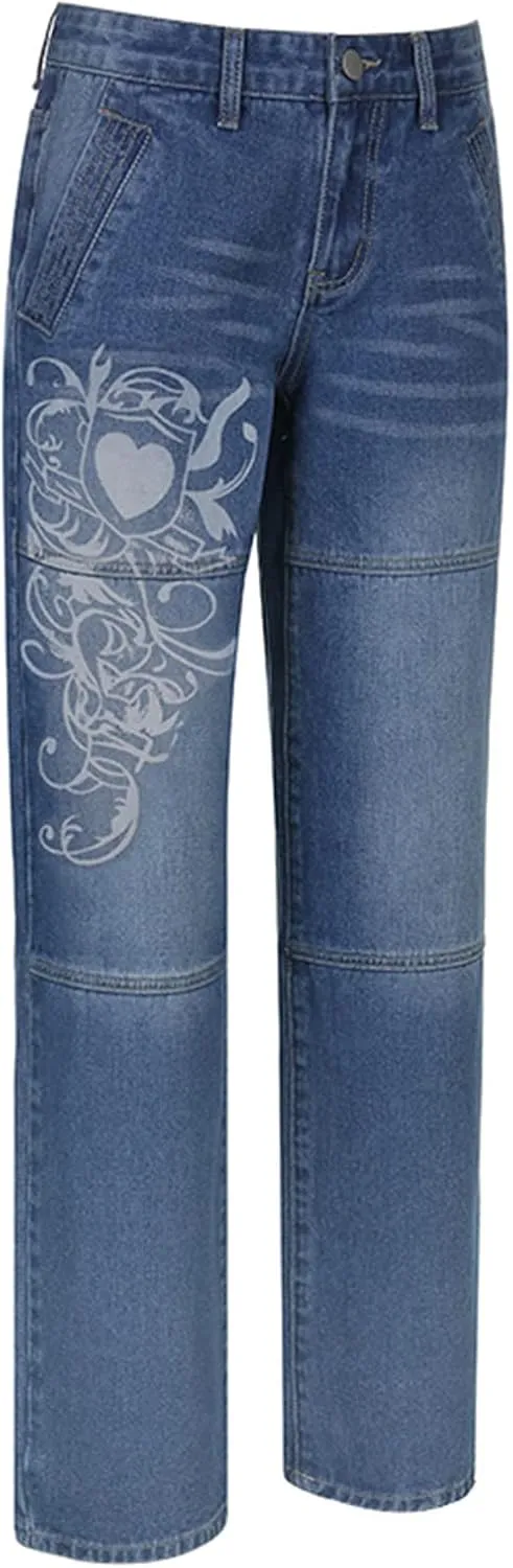 HOXIJIA Women High Waisted Wide Leg Denim Pants Y2K Patterned Baggy Flared Hem Jeans Stretch Bell Bottom Trousers