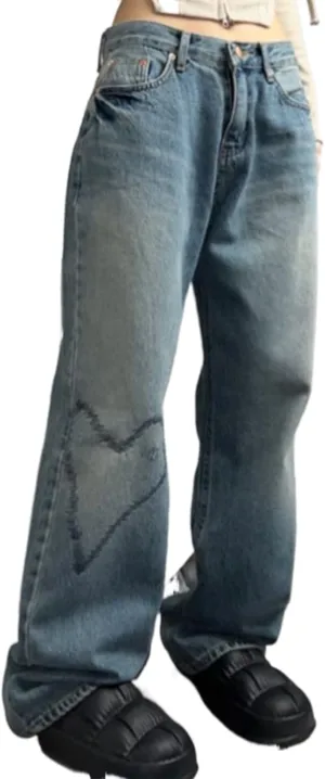 HOXIJIA Women High Waisted Wide Leg Denim Pants Y2K Patterned Baggy Flared Hem Jeans Stretch Bell Bottom Trousers