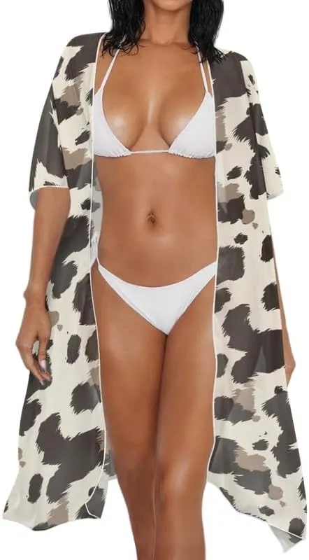 Irisjudy Women's Flowy Beach Kimono Boho Long Bikini Cover Up Dress, Tropical Style Short Sleeve Summer Kimono Cardigans