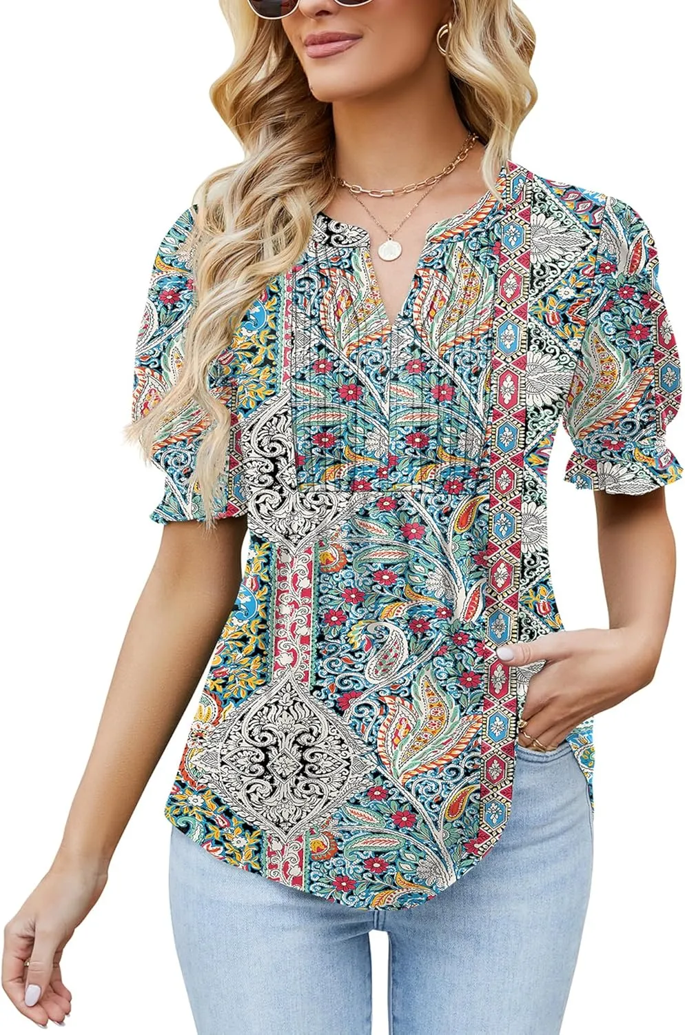 Ivicoer Women's Summer Puff Short/Long Sleeve Tops V Neck Pleated Shirts Floral Tunic Blouses Dressy Casual S-XXL