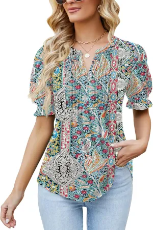 Ivicoer Women's Summer Puff Short/Long Sleeve Tops V Neck Pleated Shirts Floral Tunic Blouses Dressy Casual S-XXL