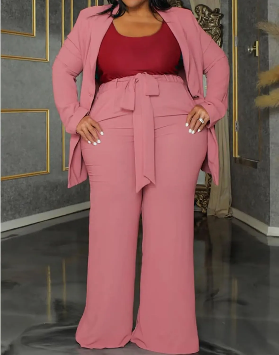 IyMoo Plus Size Suits for Women Business Open Front Long Sleeve Blazer Elastic Waist Solid Straight Leg Pant Set Suits