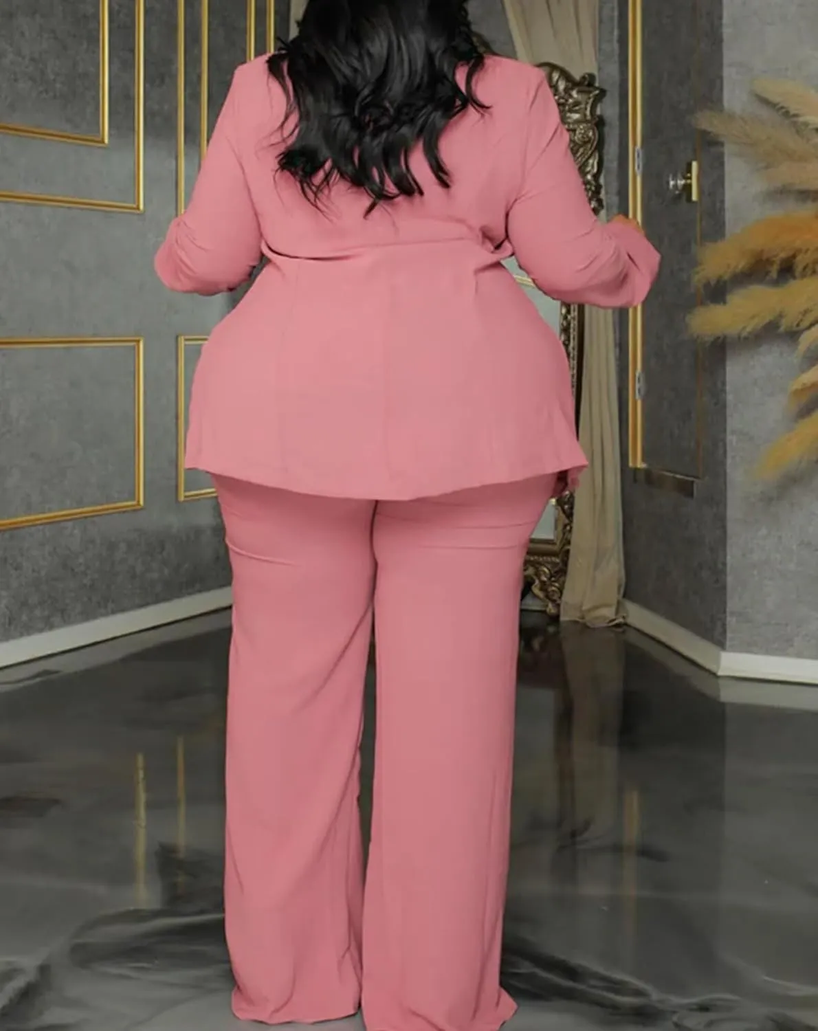 IyMoo Plus Size Suits for Women Business Open Front Long Sleeve Blazer Elastic Waist Solid Straight Leg Pant Set Suits