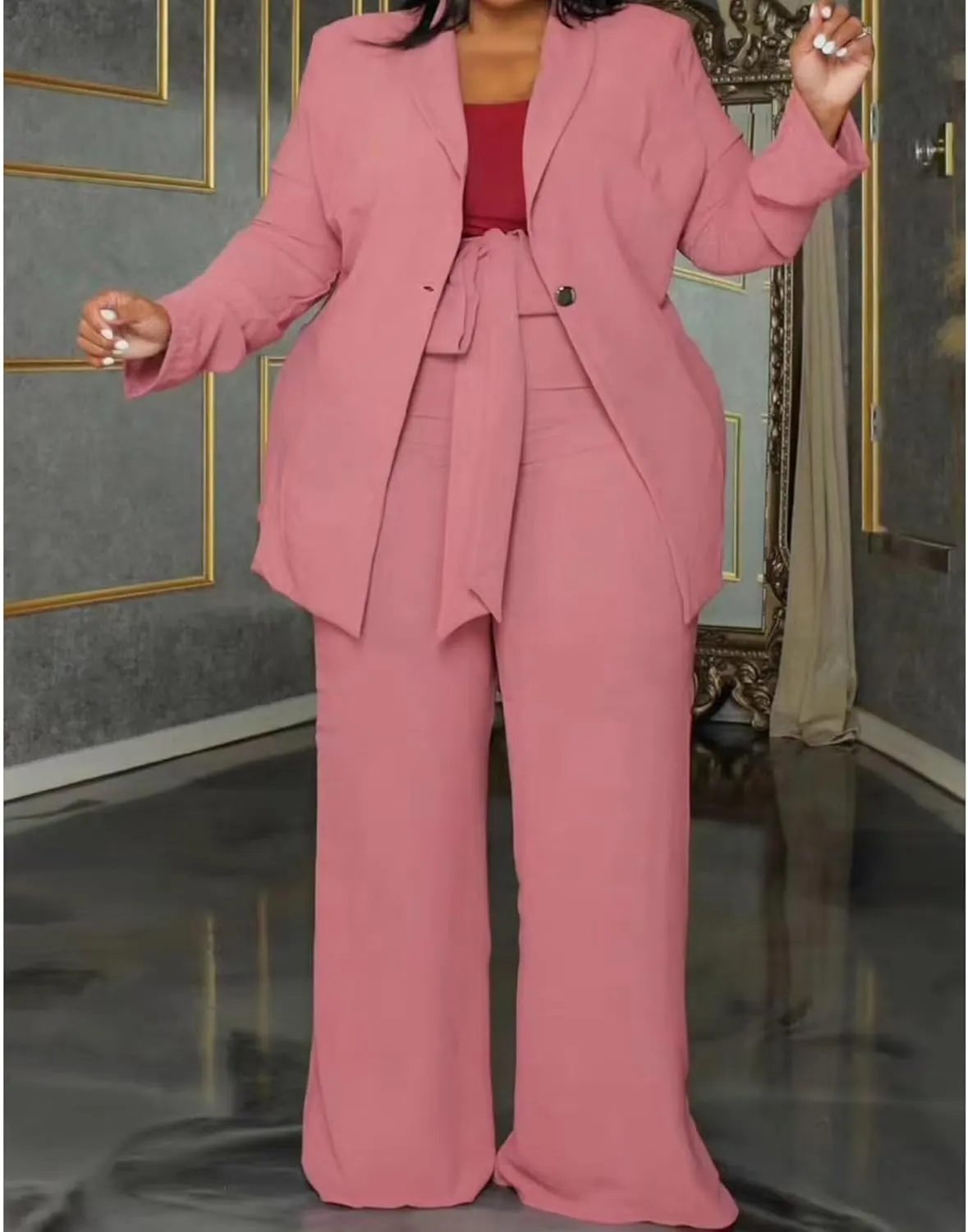 IyMoo Plus Size Suits for Women Business Open Front Long Sleeve Blazer Elastic Waist Solid Straight Leg Pant Set Suits