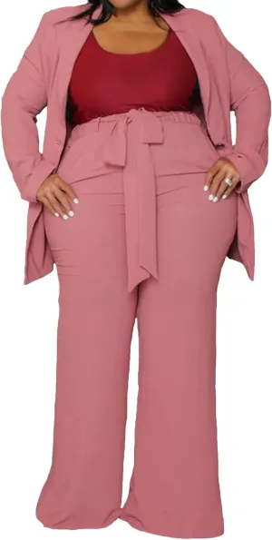 IyMoo Plus Size Suits for Women Business Open Front Long Sleeve Blazer Elastic Waist Solid Straight Leg Pant Set Suits