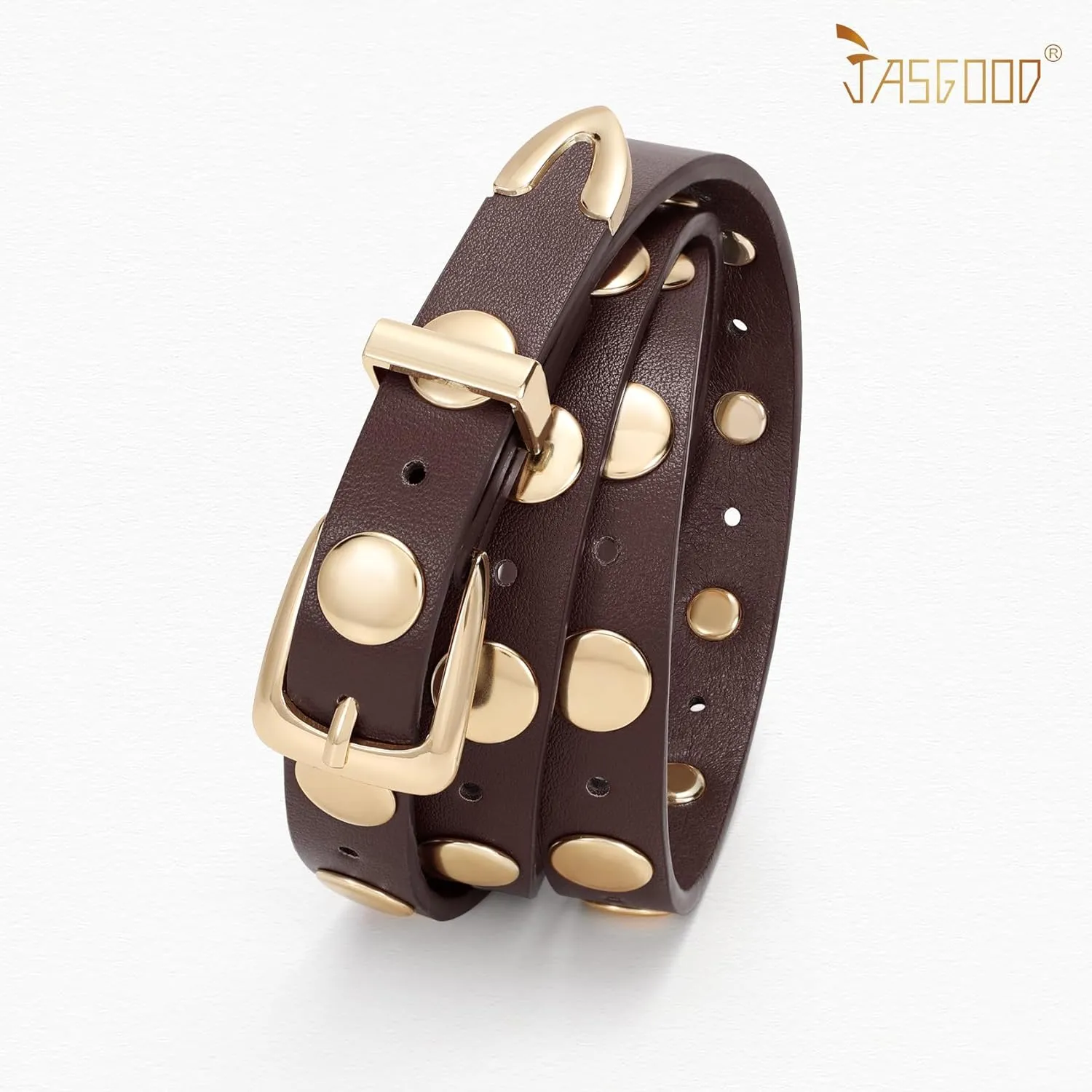 JASGOOD Women Studded Belt Skinny Leather Belt Ladies Thin Waist Belt Fashion Leather Belt for Jeans Pants Dress