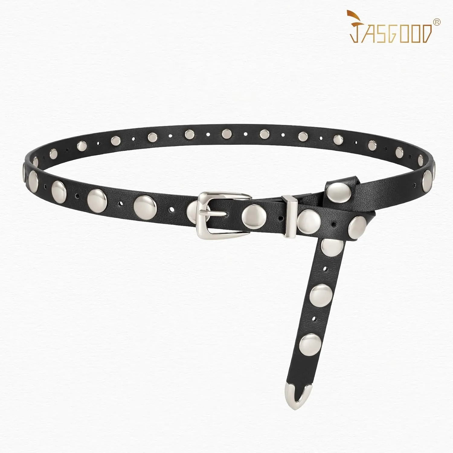 JASGOOD Women Studded Belt Skinny Leather Belt Ladies Thin Waist Belt Fashion Leather Belt for Jeans Pants Dress