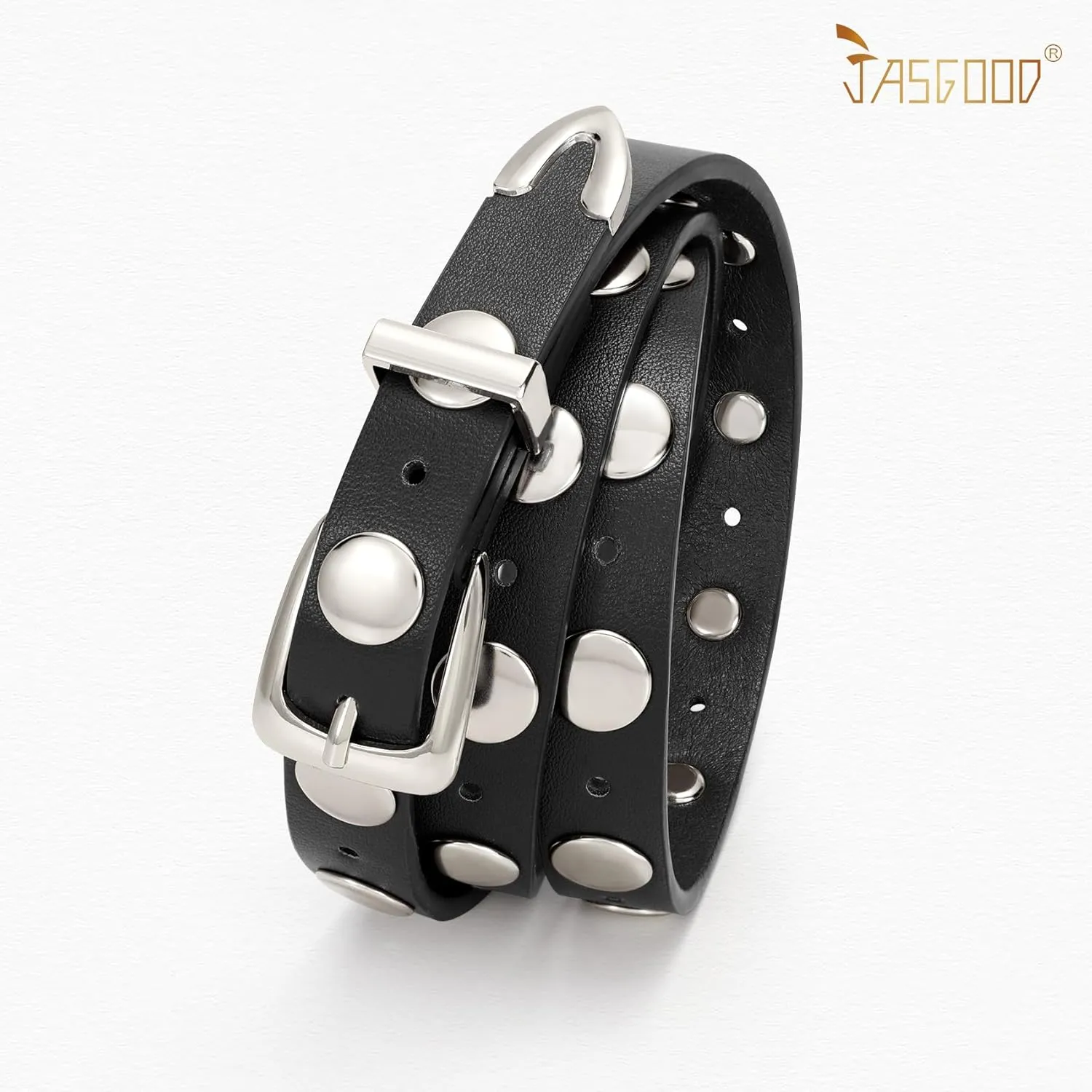 JASGOOD Women Studded Belt Skinny Leather Belt Ladies Thin Waist Belt Fashion Leather Belt for Jeans Pants Dress