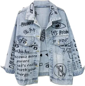 Jeans Jacket Women Streetwear Fashion Graffiti Embroidery Denim Jacket Pocket Lapel Loose Jeans Coat,Blue,One Size