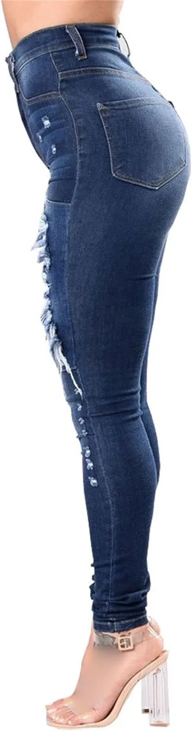 JEKE-DG Women's Ripped Hole High Waist Denim Skinny Destroyed Ankle Jeans Butt Lifting Stretch Distressed Trousers