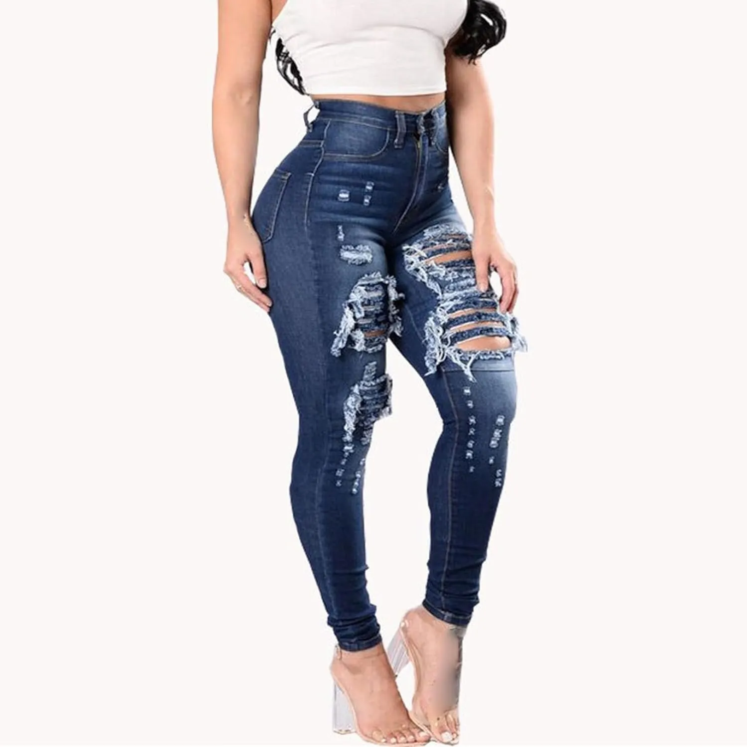 JEKE-DG Women's Ripped Hole High Waist Denim Skinny Destroyed Ankle Jeans Butt Lifting Stretch Distressed Trousers