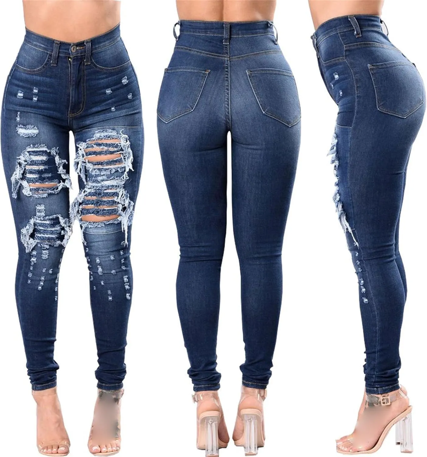 JEKE-DG Women's Ripped Hole High Waist Denim Skinny Destroyed Ankle Jeans Butt Lifting Stretch Distressed Trousers