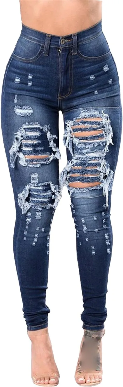 JEKE-DG Women's Ripped Hole High Waist Denim Skinny Destroyed Ankle Jeans Butt Lifting Stretch Distressed Trousers