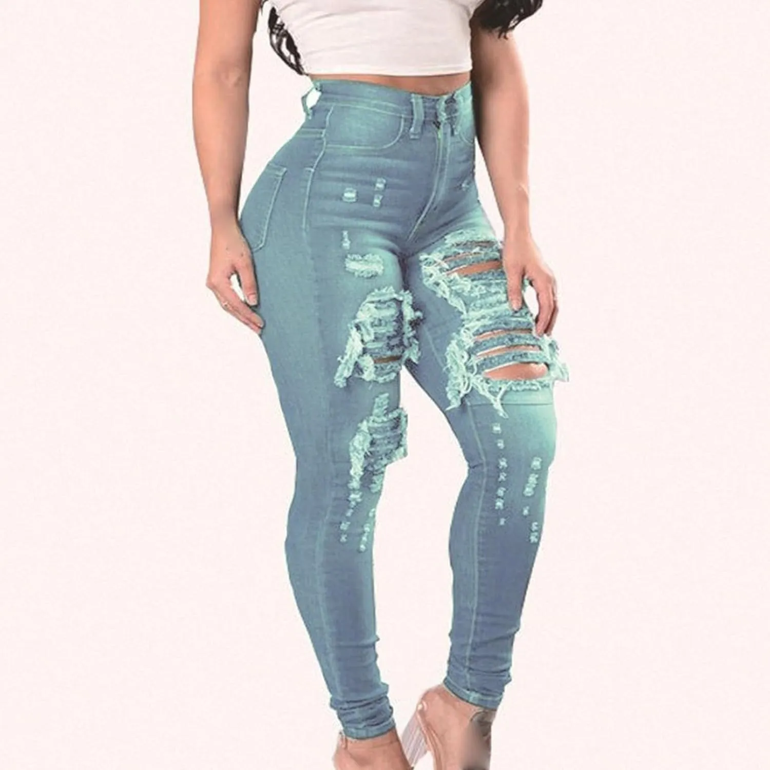 JEKE-DG Women's Ripped Hole High Waist Denim Skinny Destroyed Ankle Jeans Butt Lifting Stretch Distressed Trousers