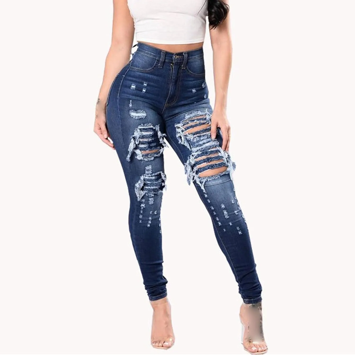 JEKE-DG Women's Ripped Hole High Waist Denim Skinny Destroyed Ankle Jeans Butt Lifting Stretch Distressed Trousers