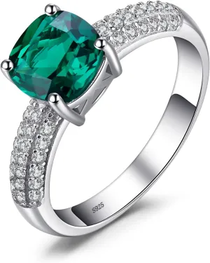 JewelryPalace Cushion Cut 1.8ct Simulated Emerald Solitaire Rings for Her, 14K White Yellow Rose 925 Sterling Silver Promise Ring for Women, Green Gemstone Jewelry Sets Rings