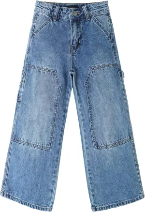 KIDSCOOL SPACE Girls' Wide-Leg Jeans, Elastic Band Inside Big Patchwork Flared Denim Pants