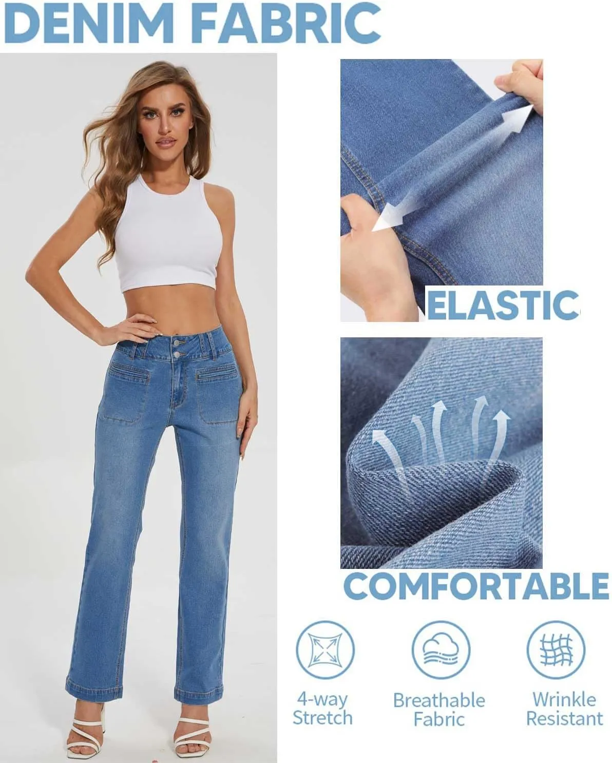 KIWI RATA Wide Leg Jeans for Women, High Waisted Straight Leg Loose Stretchy Jeans, Boyfriend Baggy Denim Pants
