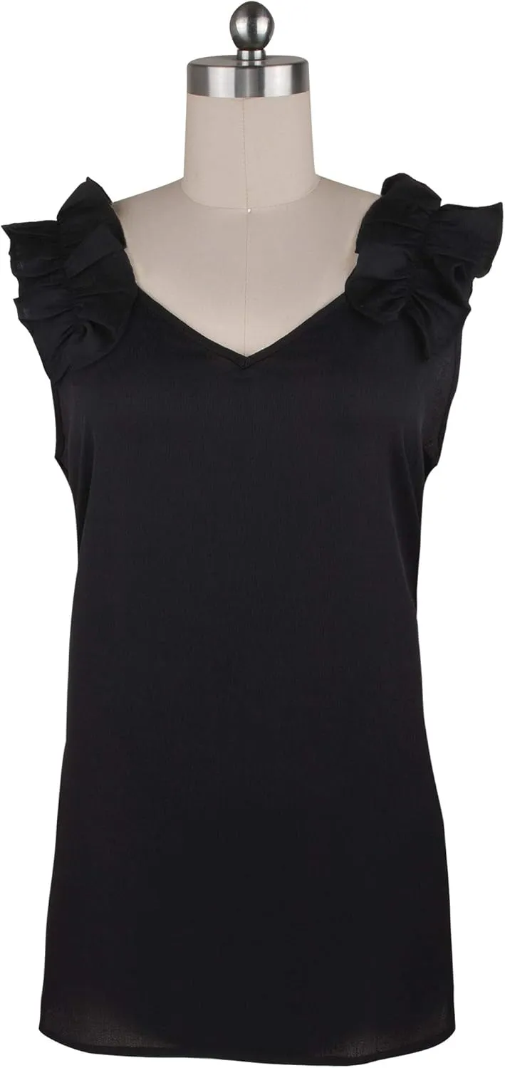 KUFV Womens Ruffles Shoulder V Neck Sleeveless Casual Summer Blouse Tunic Tank Tops