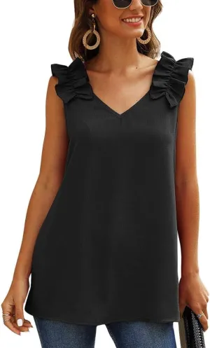 KUFV Womens Ruffles Shoulder V Neck Sleeveless Casual Summer Blouse Tunic Tank Tops