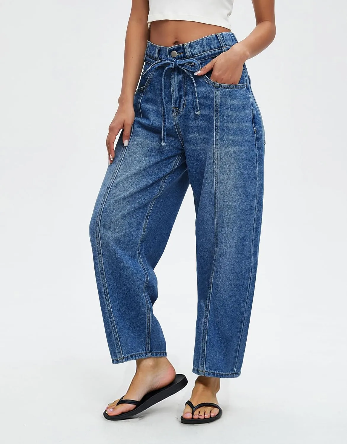 Ladyful Womens Baggy Barrel Jeans Drawstring Low Rise Horseshoe Jeans Boyfriend Wide Leg Mom Denim Pant Trouser