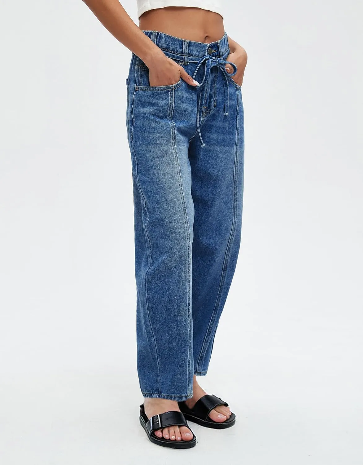 Ladyful Womens Baggy Barrel Jeans Drawstring Low Rise Horseshoe Jeans Boyfriend Wide Leg Mom Denim Pant Trouser