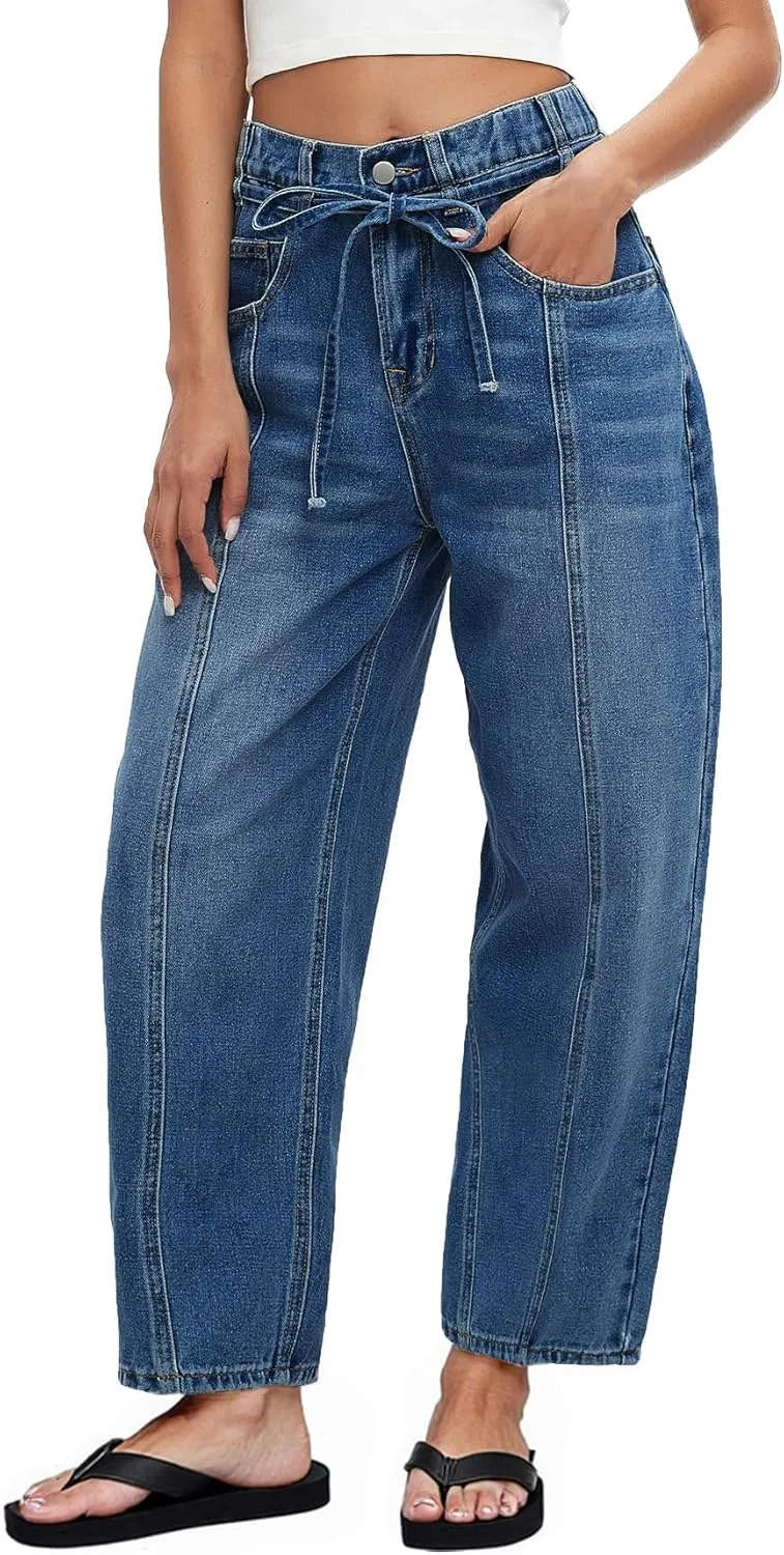 Ladyful Womens Baggy Barrel Jeans Drawstring Low Rise Horseshoe Jeans Boyfriend Wide Leg Mom Denim Pant Trouser