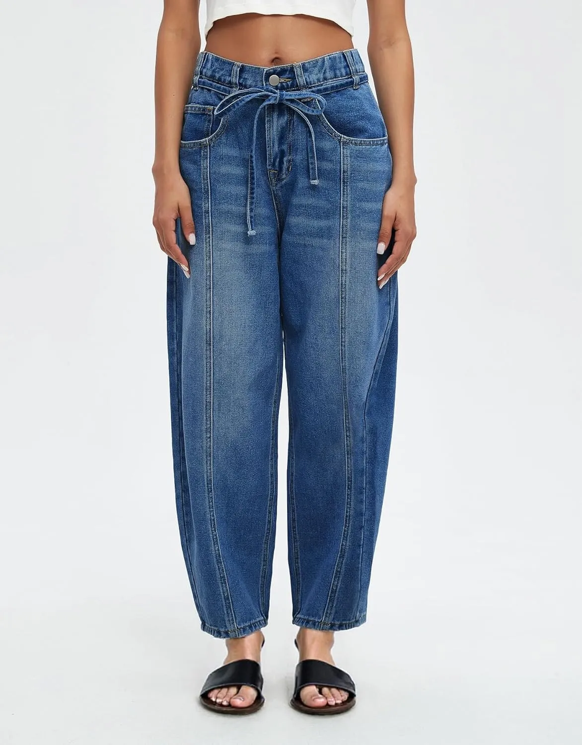 Ladyful Womens Baggy Barrel Jeans Drawstring Low Rise Horseshoe Jeans Boyfriend Wide Leg Mom Denim Pant Trouser