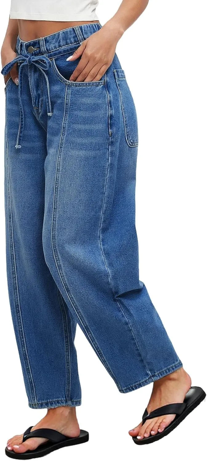 Ladyful Womens Baggy Barrel Jeans Drawstring Low Rise Horseshoe Jeans Boyfriend Wide Leg Mom Denim Pant Trouser