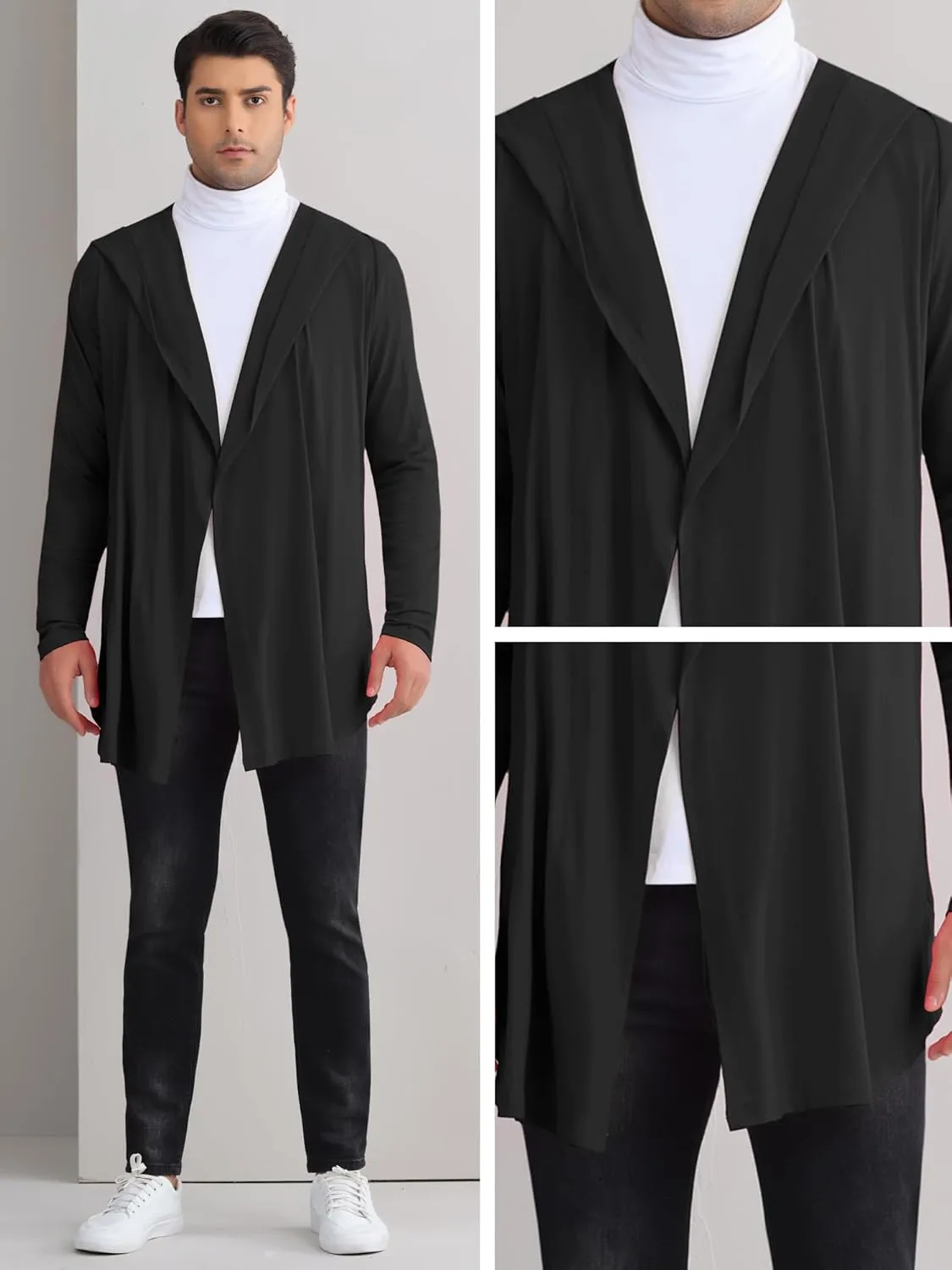 Lars Amadeus Hooded Cardigan for Men's Lightweight Shawl Collar Long Sleeves Open Front Draped Cardigans