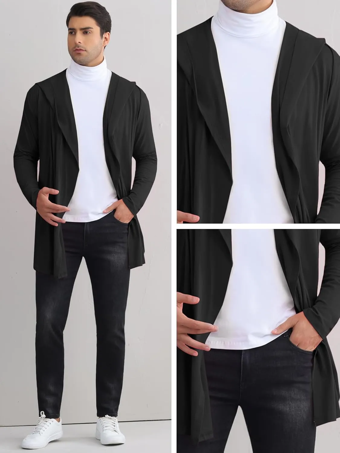 Lars Amadeus Hooded Cardigan for Men's Lightweight Shawl Collar Long Sleeves Open Front Draped Cardigans
