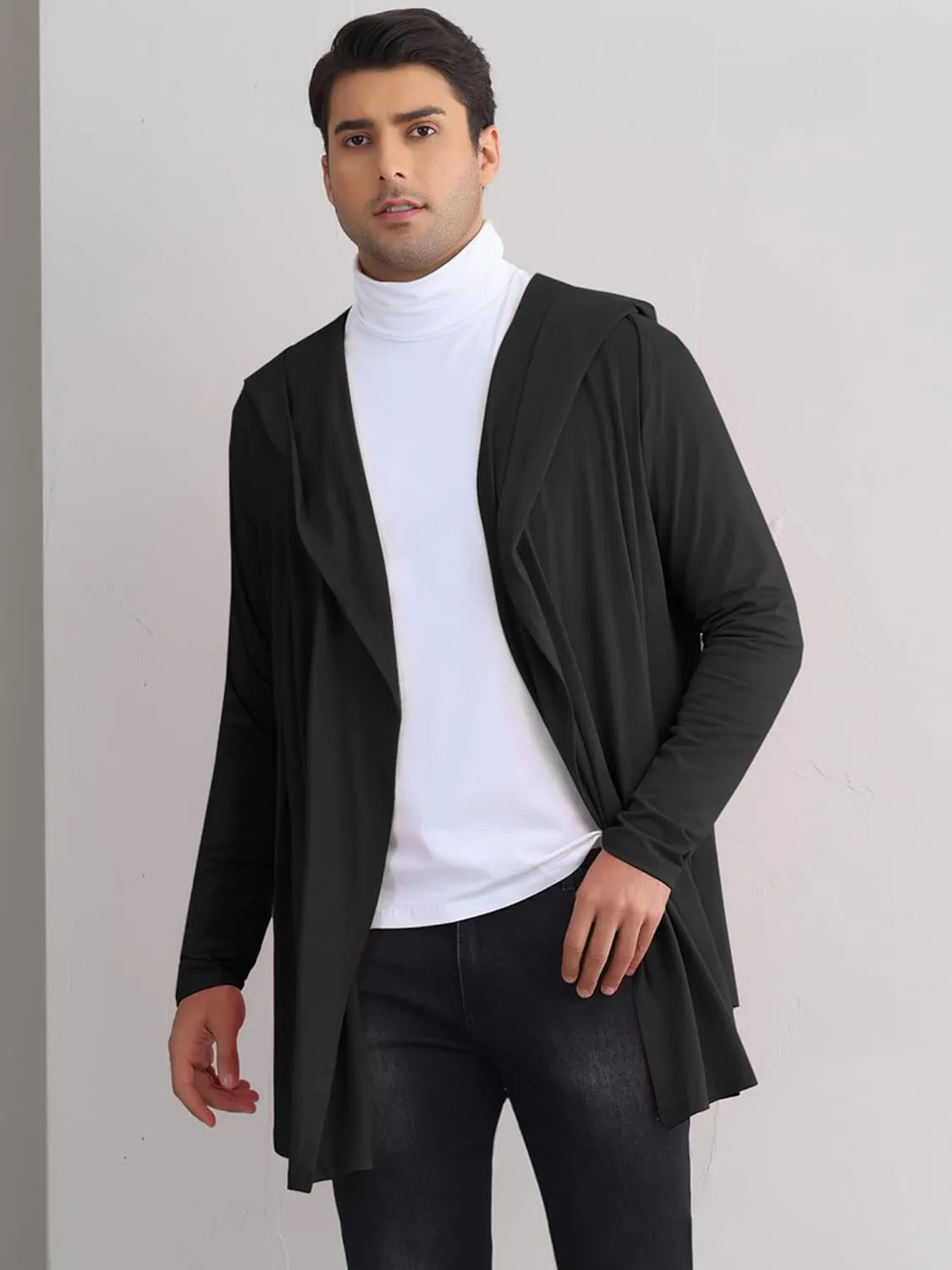 Lars Amadeus Hooded Cardigan for Men's Lightweight Shawl Collar Long Sleeves Open Front Draped Cardigans