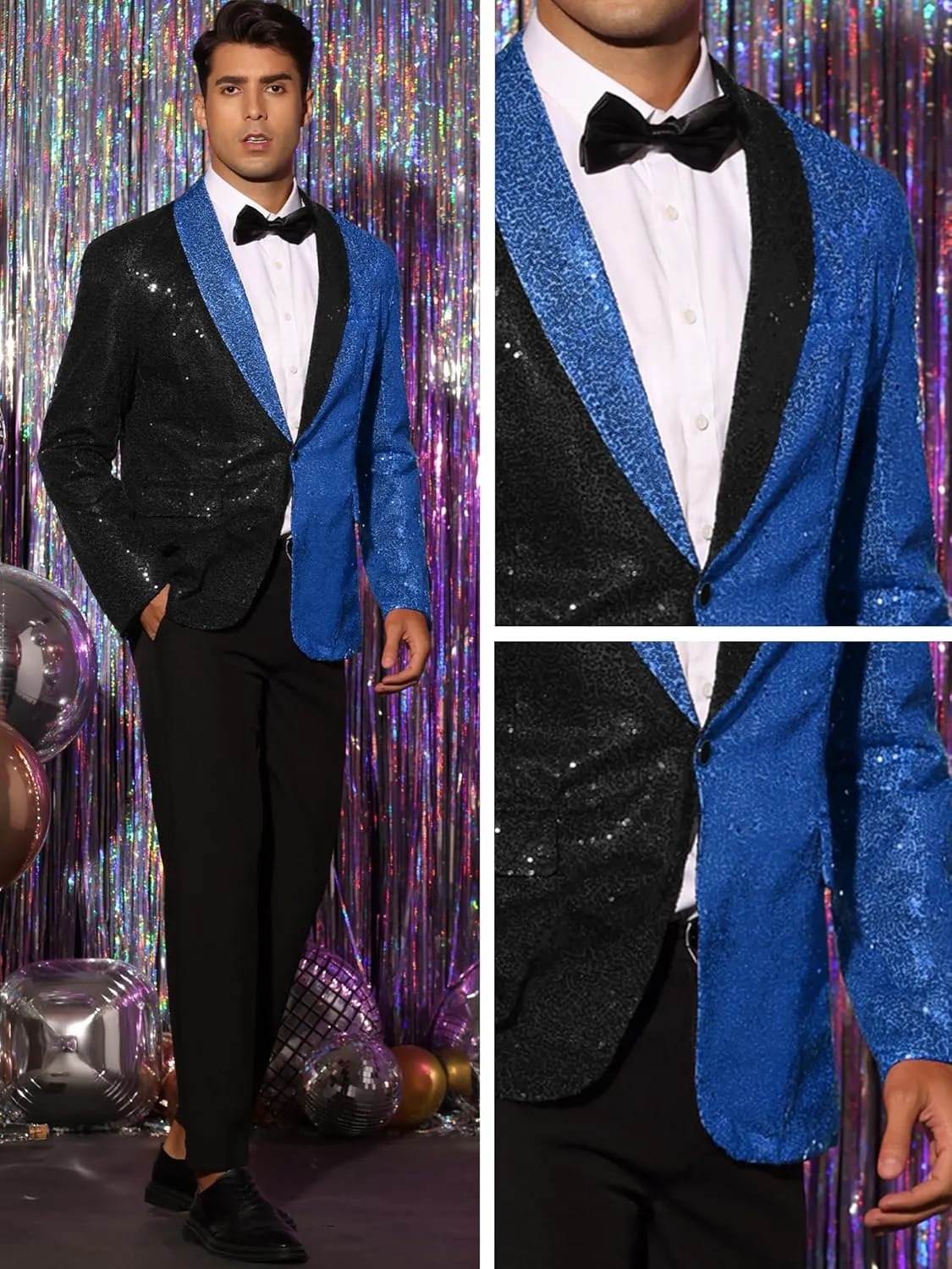 Lars Amadeus Sequin Blazer for Men's Shawl Lapel Party Disco Shinny Color Block Sports Coats