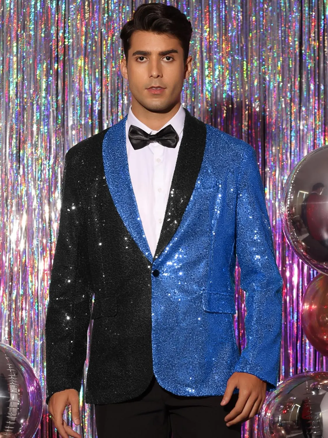 Lars Amadeus Sequin Blazer for Men's Shawl Lapel Party Disco Shinny Color Block Sports Coats