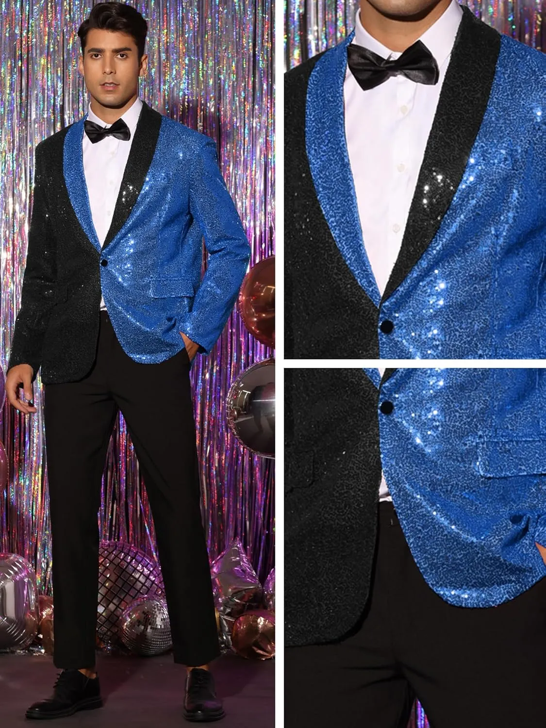 Lars Amadeus Sequin Blazer for Men's Shawl Lapel Party Disco Shinny Color Block Sports Coats