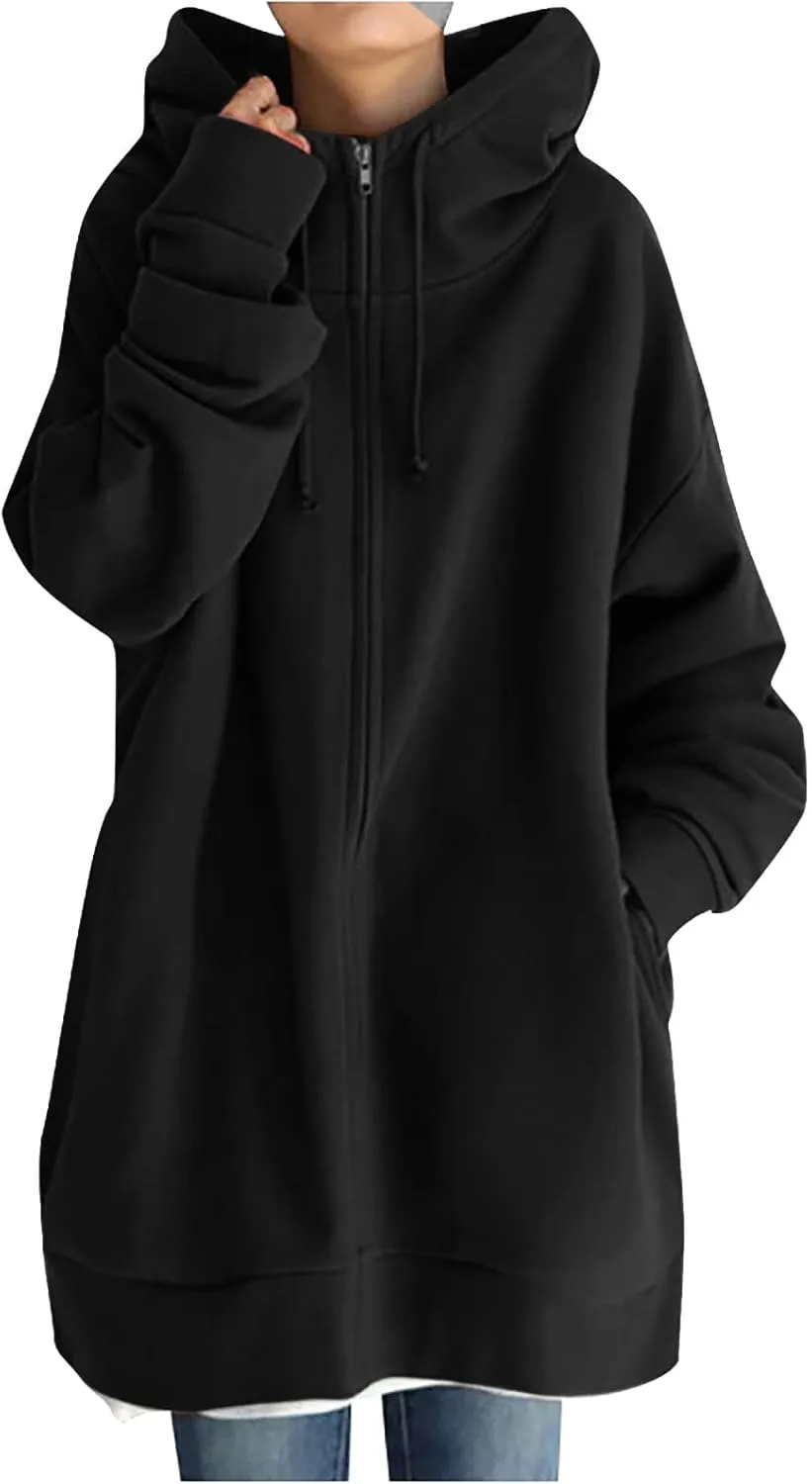 LFEOOST Womens Hoodies Full Zip Tunic Sweatshirts Fashion 2022 Winter Long Sleeve Solid Color Loose Hoodie Jacket with Pocket