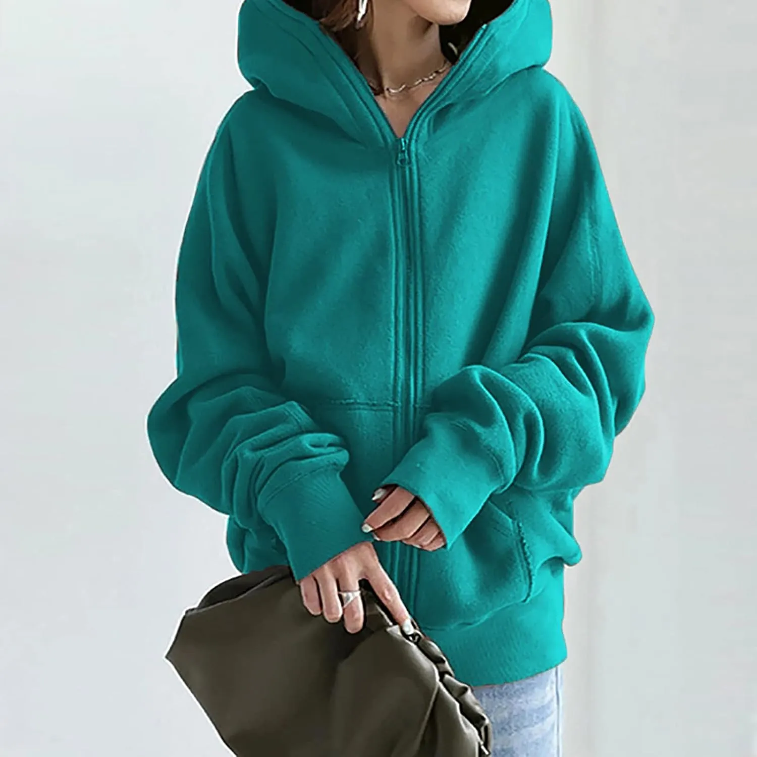 LFEOOST Womens Hoodies Full Zip Tunic Sweatshirts Fashion 2022 Winter Long Sleeve Solid Color Loose Hoodie Jacket with Pocket