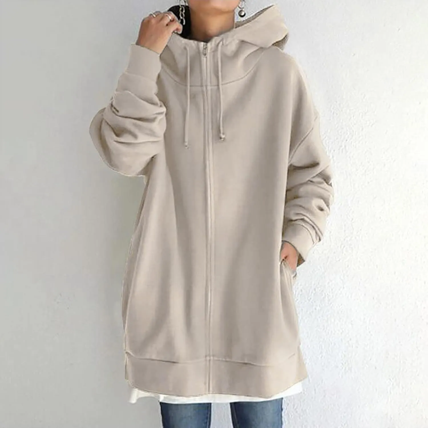 LFEOOST Womens Hoodies Full Zip Tunic Sweatshirts Fashion 2022 Winter Long Sleeve Solid Color Loose Hoodie Jacket with Pocket