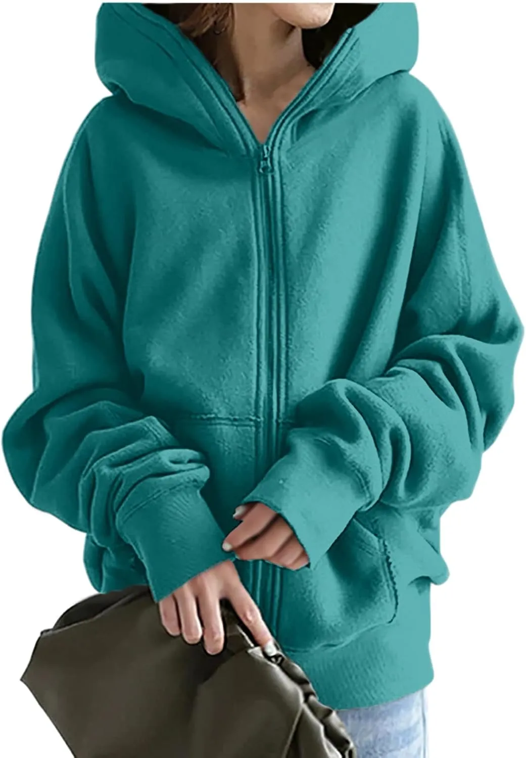 LFEOOST Womens Hoodies Full Zip Tunic Sweatshirts Fashion 2022 Winter Long Sleeve Solid Color Loose Hoodie Jacket with Pocket