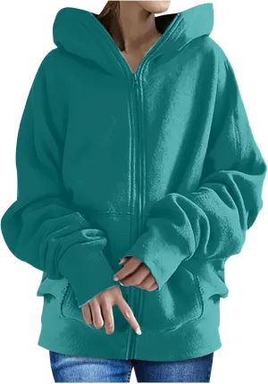 LFEOOST Womens Hoodies Full Zip Tunic Sweatshirts Fashion 2022 Winter Long Sleeve Solid Color Loose Hoodie Jacket with Pocket